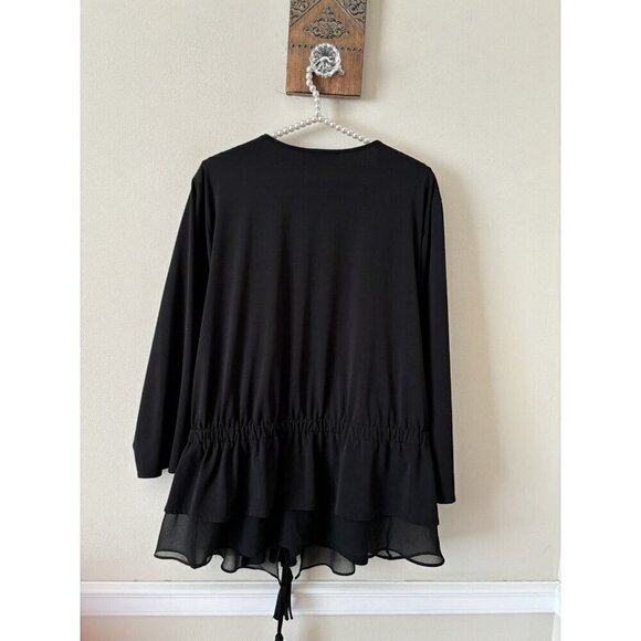 Lane Bryant Size 22/24 Black Stretchy Cardigan Top Tassel Tie Front Mesh Trim - Picture 5 of 6